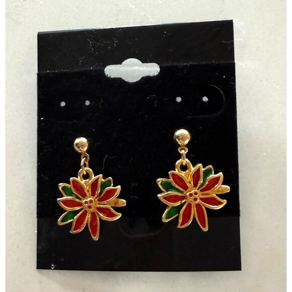 Christmas Earrings Bundle Reindeer Poinsettia Holiday Gold Tone 2 Pairs - Picture 2 of 6